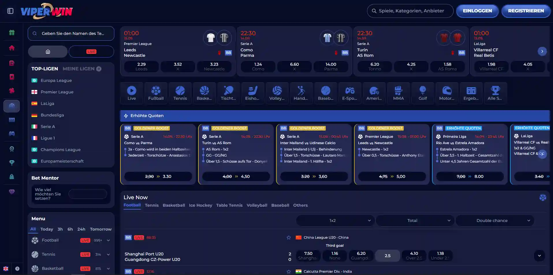 Aktueller ViperWin-Sportwettenbereich mit Wetten vor Veranstaltungsbeginn oder Live-Märkten und Sportnavigation
