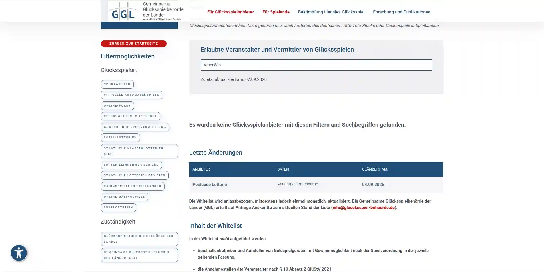 Amtliche GGL-Whitelist mit aktuellem Listenstand und Volltextsuche nach ViperWin