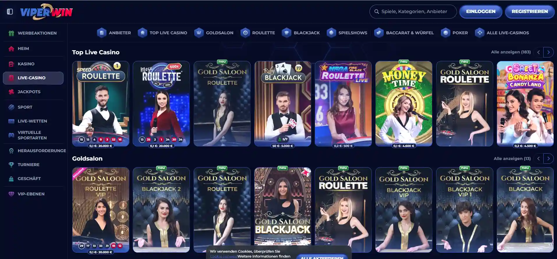 Aktuelle ViperWin Live-Casino-Lobby mit Roulette, Blackjack, Baccarat, Poker und Spielshows
