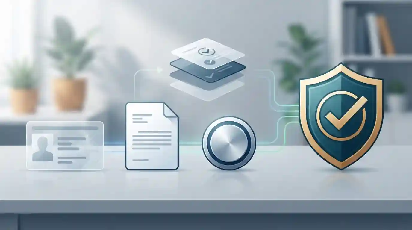 Neutrale Illustration einer KYC-Prüfung mit anonymisiertem Ausweisdokument, Wallet-Symbol und Sicherheitscheck ohne reale Personendaten