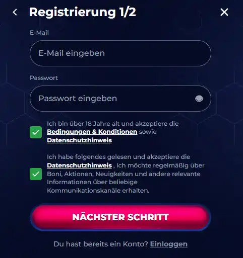 Realer ViperWin Registrierungsdialog auf der deutschen Website ohne eingetragene personenbezogene Daten