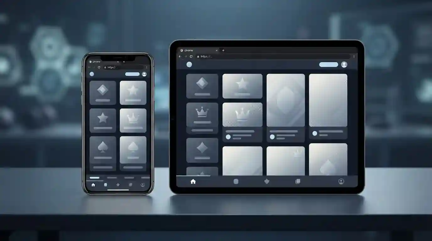 Neutrale Darstellung eines Smartphones und Tablets mit responsiver Casino-Oberfläche im mobilen Browser ohne App-Store-Symbole