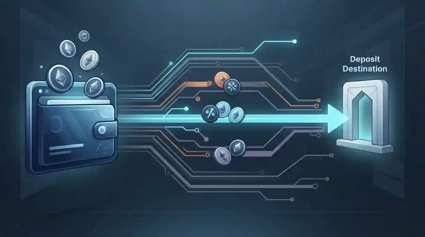 Schematische Wallet-Einzahlung mit Auswahl einer Kryptowährung und des passenden Blockchain-Netzwerks ohne Logos, Markenoberfläche oder Geldbeträge