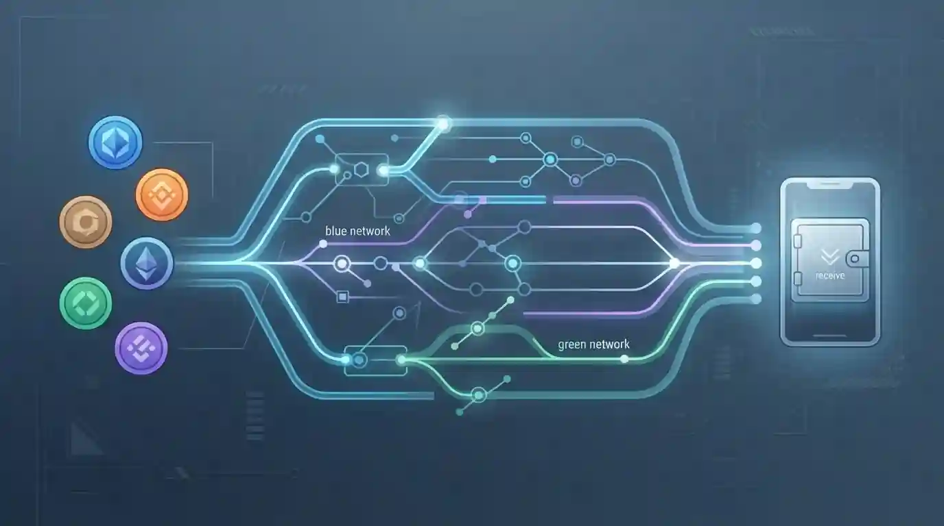 Schematische Illustration mehrerer Kryptowährungen, die über verschiedene Blockchain-Netzwerke zu einer Casino-Wallet geführt werden, ohne Markenlogos oder Geldbeträge