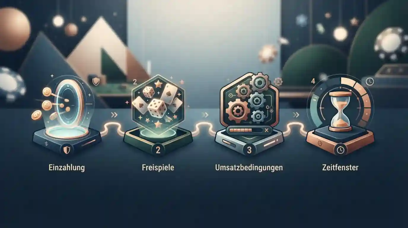 Neutrale Illustration einer Bonus-Prüfliste mit Einzahlung, Freispielen, Umsatzbedingung und Zeitfenster ohne Markenlogo oder konkrete Geldbeträge