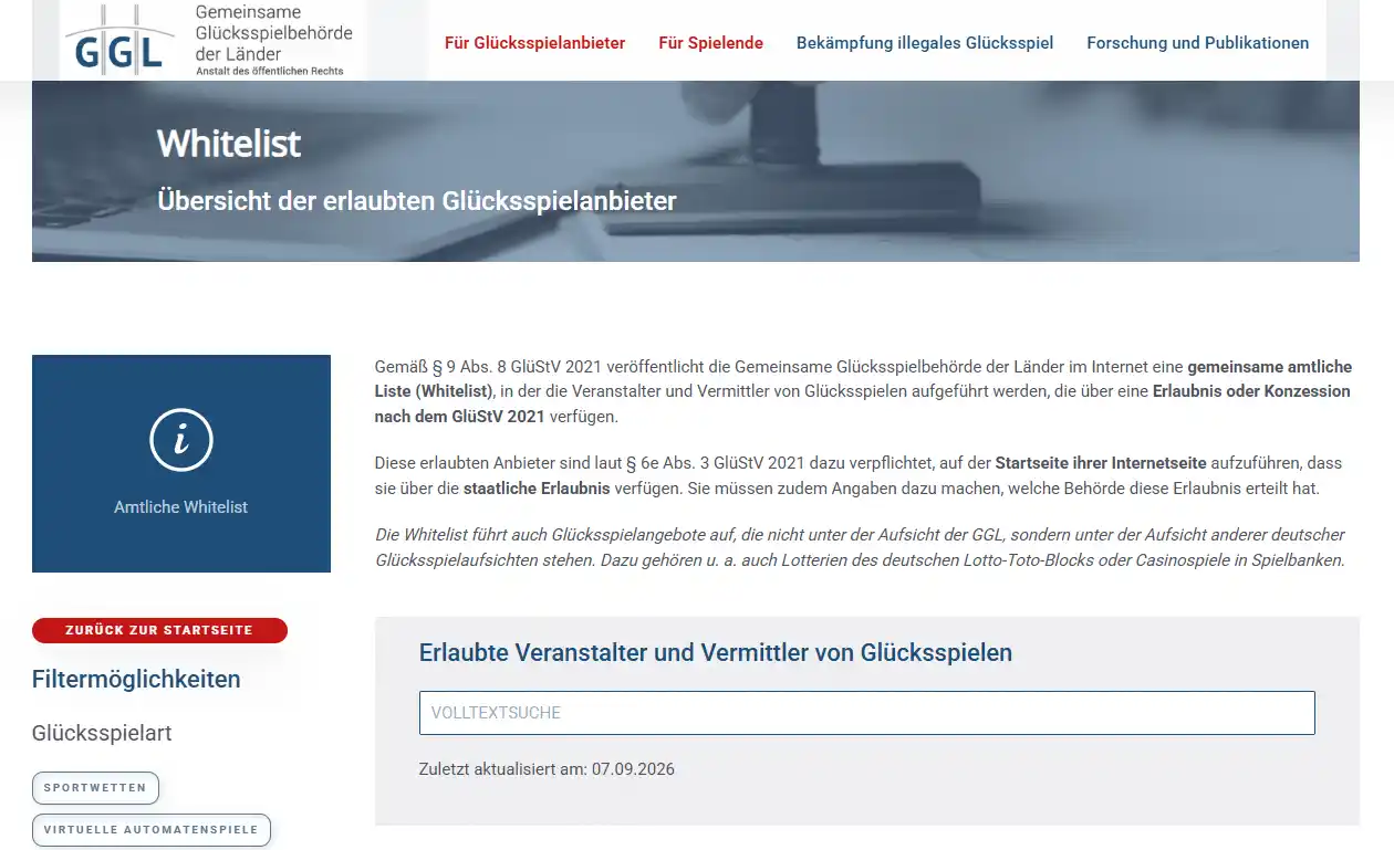 Amtliche GGL-Whitelist mit Listenstand und Suchbereich für Anbieter und Domains